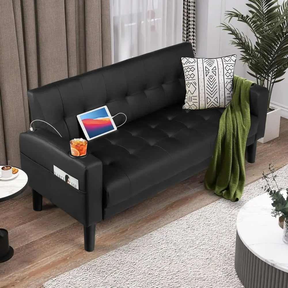 62" Loveseat Couches Upholstered Leather Love Seat Sofas Couch with 2 USB, Cup Holders