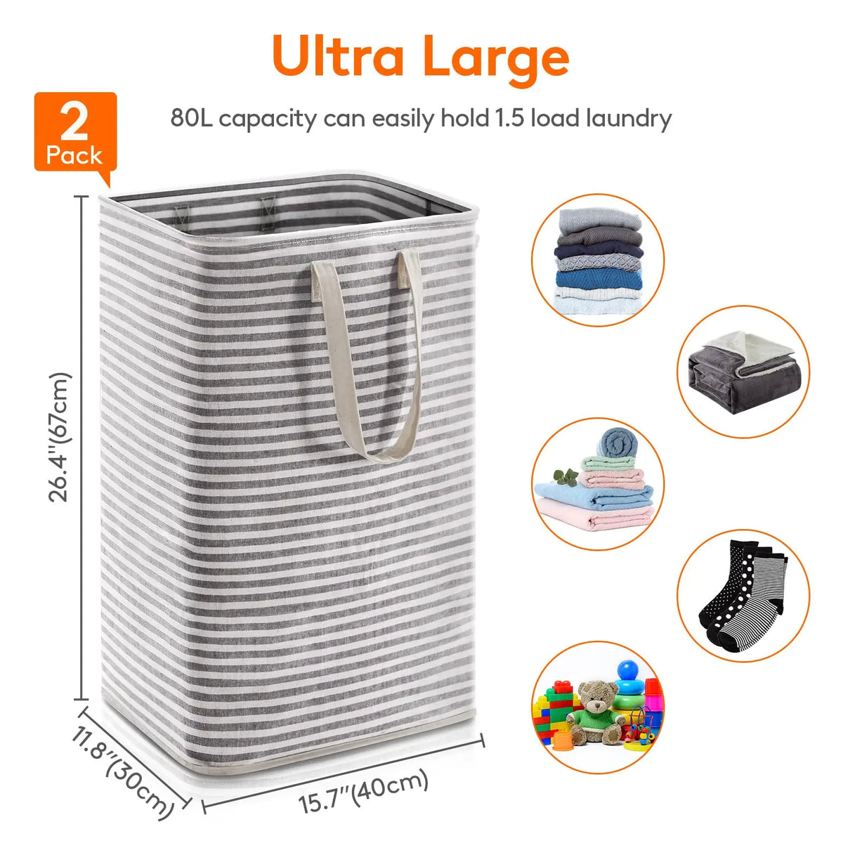 80L Large Laundry Baskets, 2 Pack, Reinforced Handles, Grey Collapsible Laundry Hamper, Dirty Clothes Hamper, Waterproof Freestanding Design for Dorm, Laundry Room, Bedroom, Bathroom