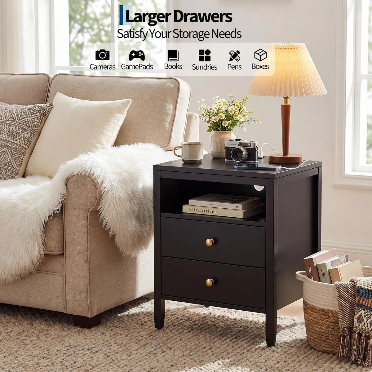 Farmhouse Nightstand Set Of 2 With Charging Station