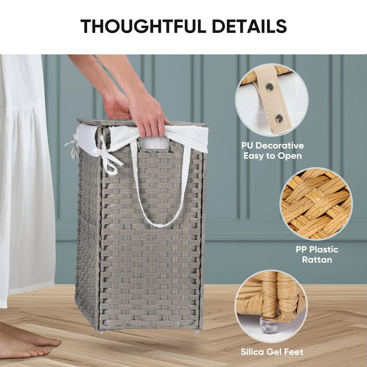 90L Laundry Basket with Lid Foldable Wicker Laundry Hampers with Side Handles Removable Liner Rattan Laundry Basket with Sturdy Steel Frame