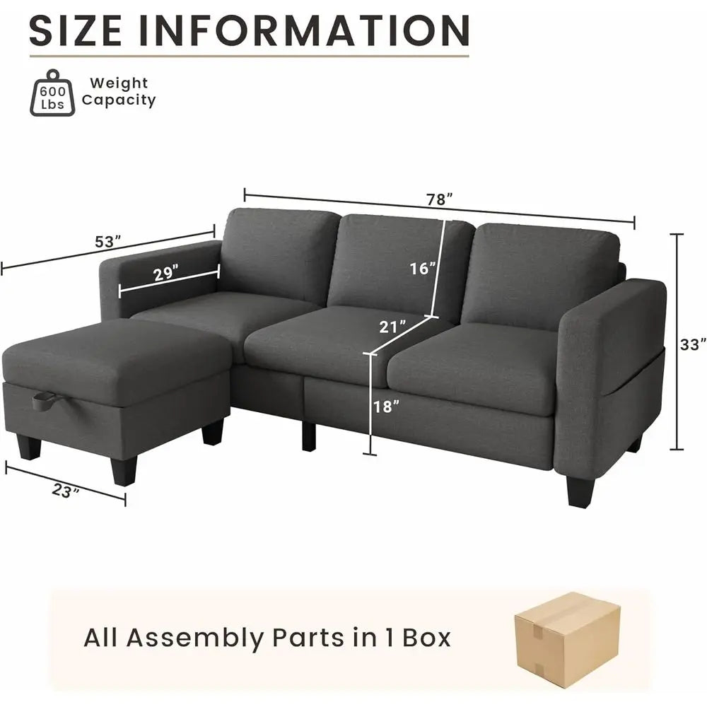 Sectional Couches or Living Room - Convertible L-Shaped Couch, Grey 3 Seater Linen Sofa, 78" Sofas with Storage Ottoman
