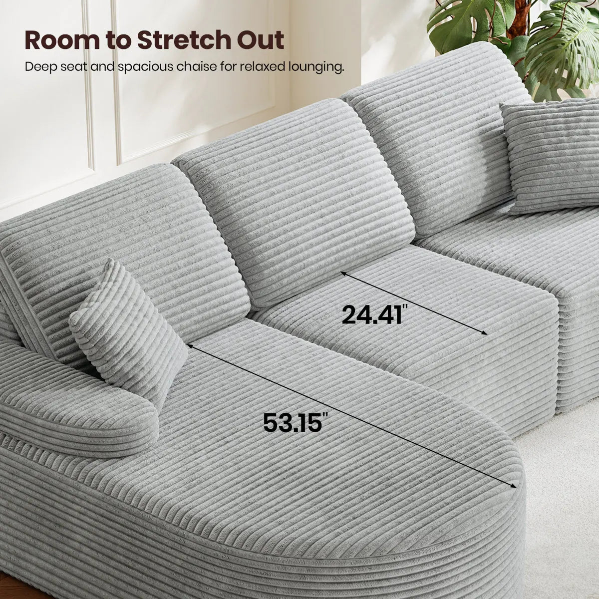 113.4" Modular Sectional Curved Sofa with Chaise, L-Shaped Corduroy Boneless Couch, Deep Seat Corner Couch for Living Room