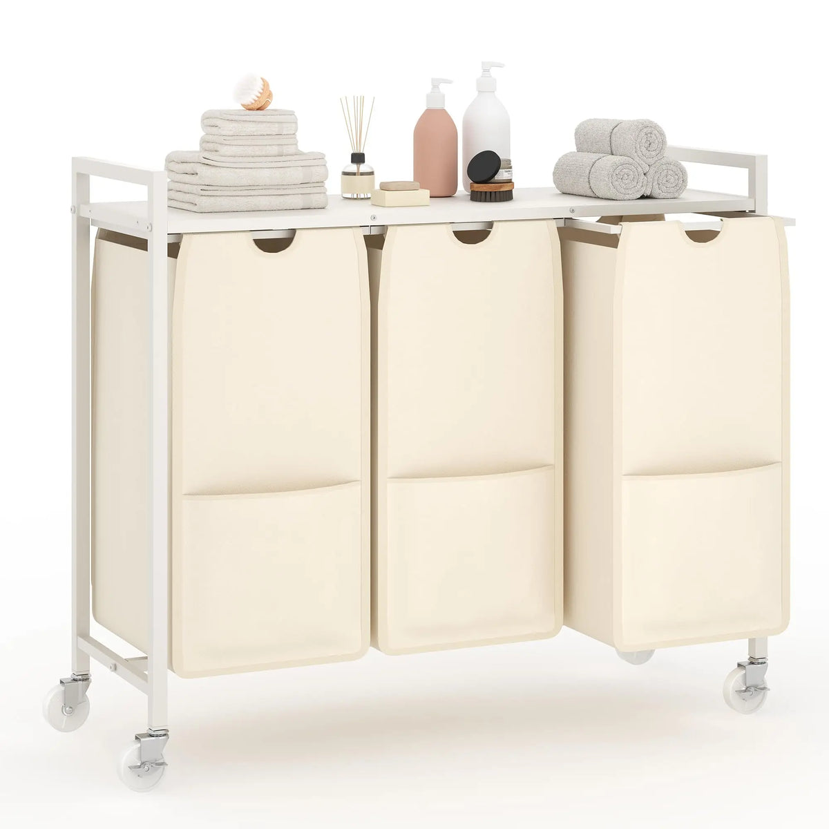 3 Compartment Laundry Sorter Cart with Tabletop, Rolling Laundry Hamper with Wheels, Metal Frame Clothes Sorting Basket for Bathroom Laundry Room