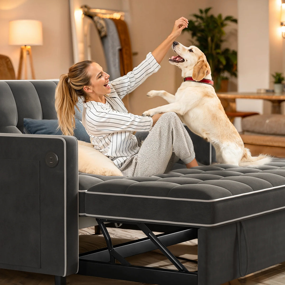 3 in 1 Sleeper Sofa Bed, Pull Out Couch with USB & Type-C Ports, Deep Seat Convertible Loveseat Sofa, Adjustable Backrest, Dual Side Pockets, Velvet Futon Couch for Living Room, Apartment