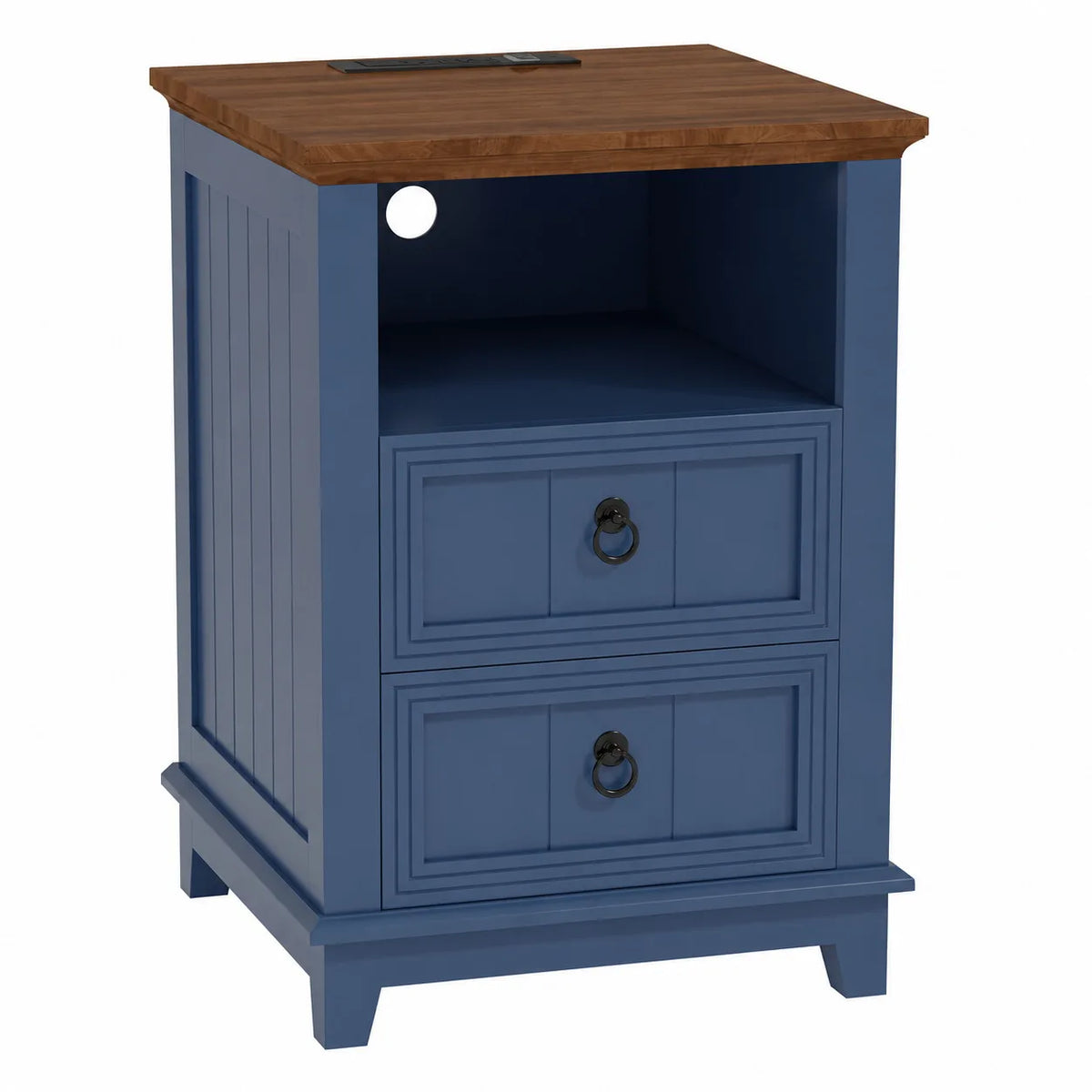 18 Inch Wood Nightstand with USB Charging Station Modern Fluted Bedside Table 2 Drawer End Table with Storage Shelf for Bedroom, Living Room, Blue