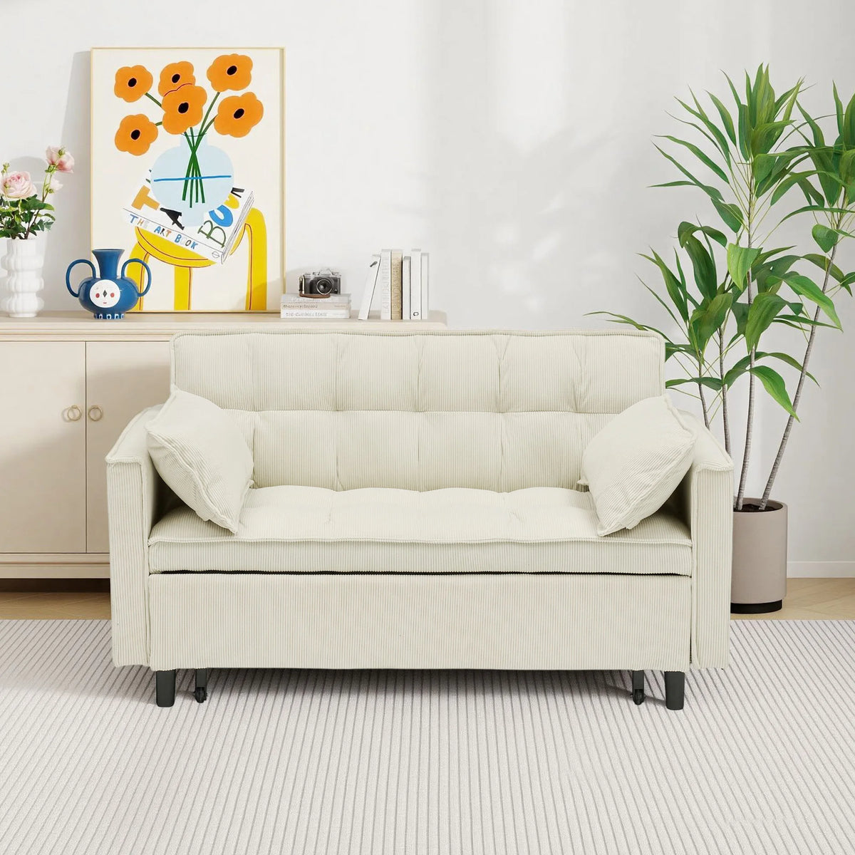 55.1" Corduroy Convertible Sleeper Sofa Bed, Pull Out 2-Seater Loveseat Couch with Side Storage Pocket & Throw Pillows, Compact Upholstered Sofa for Small Apartment Living Room Bedroom