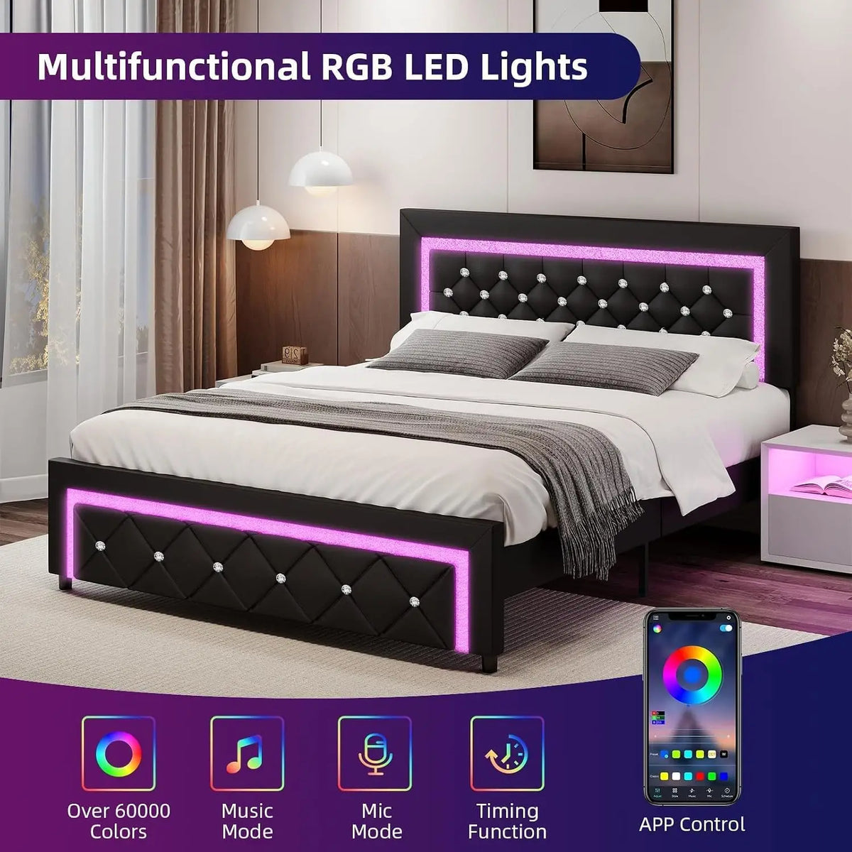 Queen Bed Frame LED Diamond Tufted Headboard Black, Customized