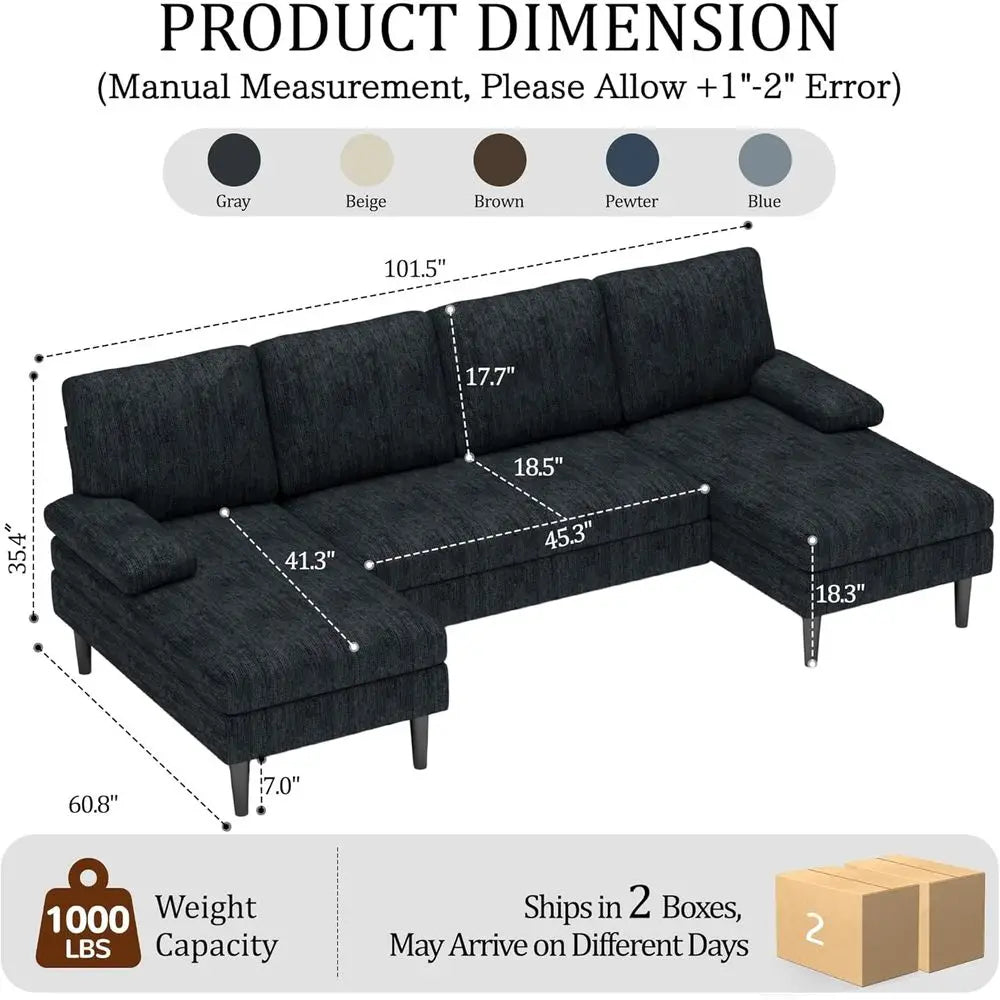U-Shaped Sectional Couches for Living Room, 101 Inch Sofa with Double Chaise Lounge, Comfy Chenille Fabric 4-Seat Couch Set