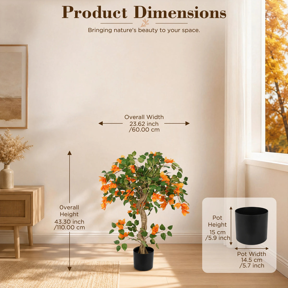 3/4/5FT Artificial Bougainvillea Tree, Orange Faux Bougainvillea Plant with Lush Green Leaves, Realistic Full Blooms Potted Fake Flower Tree for Home Living Room Patio Porch Office Decor