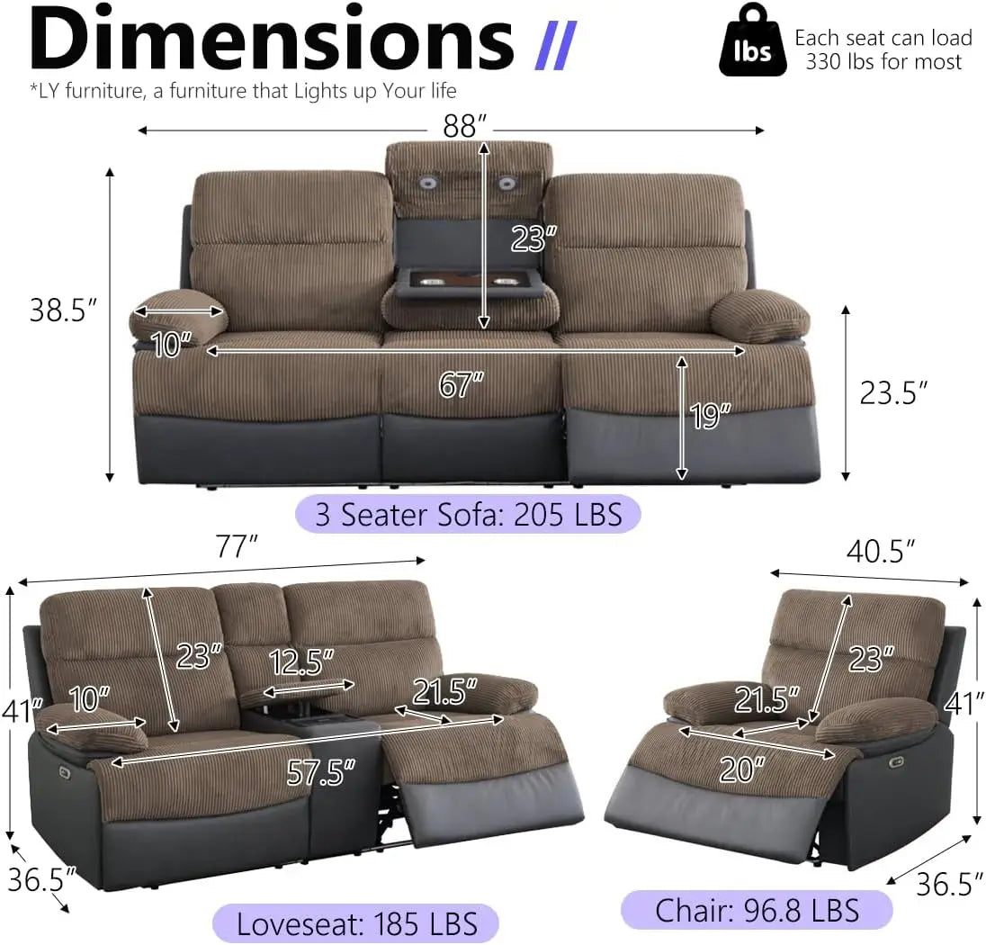 Loveseat Power Recliner Sofa Couch with LED, Corduroy & Breathing Leather Reclining Couch, Sofa for Living Room Home