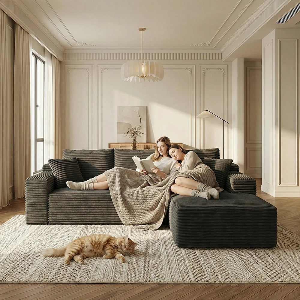 Dark Gray Corduroy L Shaped Compression Sectional Sofa with Chaise Ottoman Vacuum Packed No Assembly Fluffy Striped Fabric Couch for Living Room Apartment