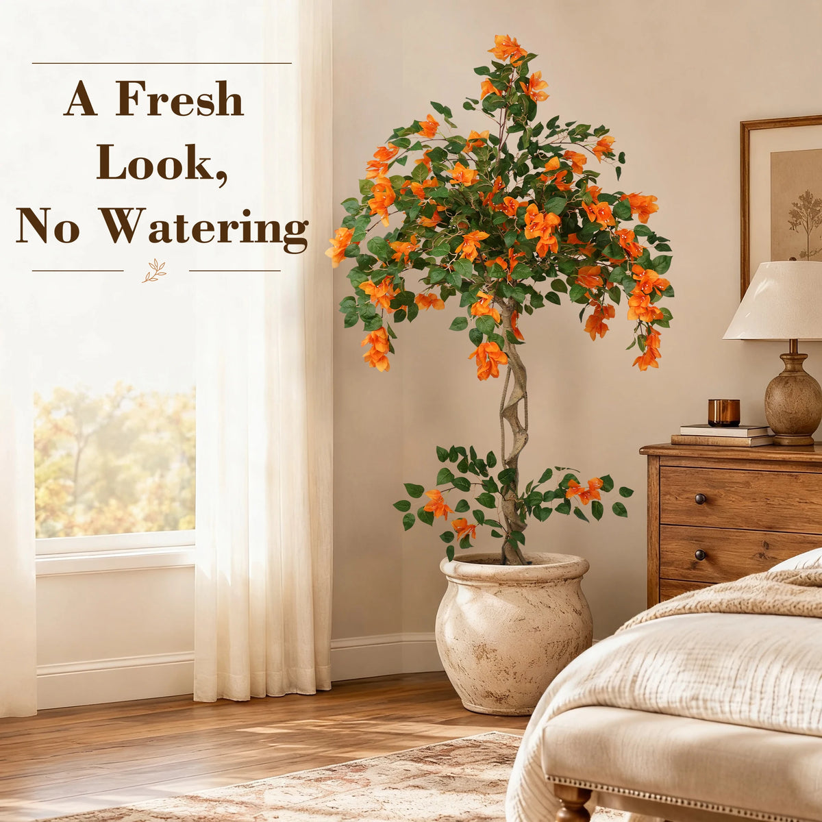 3/4/5FT Artificial Bougainvillea Tree, Orange Faux Bougainvillea Plant with Lush Green Leaves, Realistic Full Blooms Potted Fake Flower Tree for Home Living Room Patio Porch Office Decor