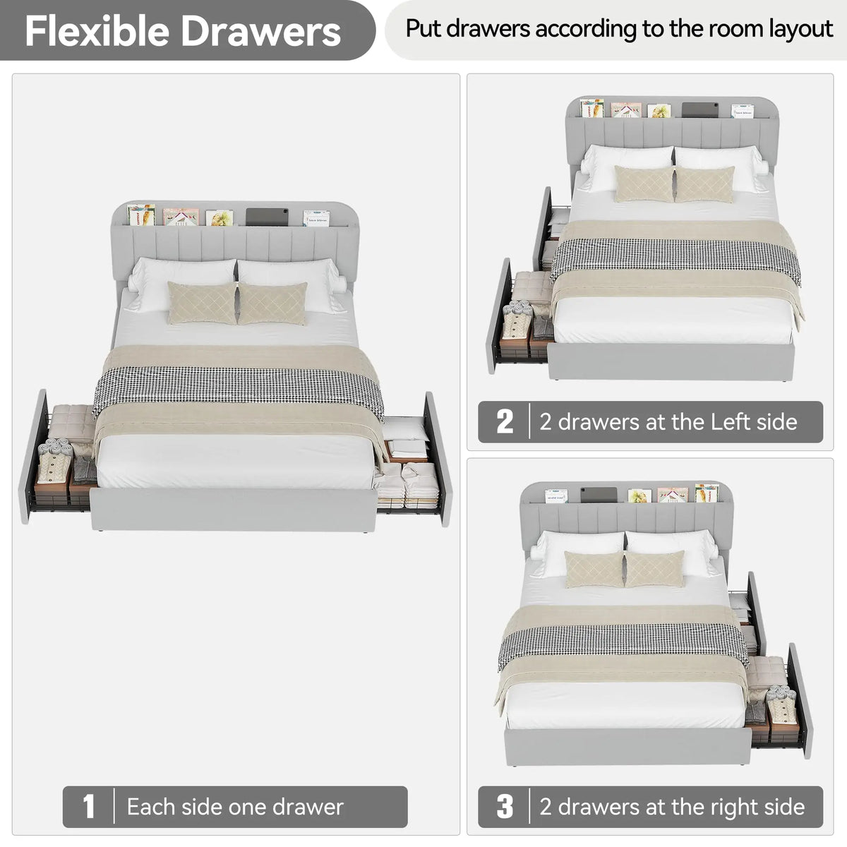 Full Size Boucle Upholstered Platform Bed Frame with Storage Headboard & 2 Drawers, Gray Bed Frame, No Box Spring Needed, Noise Free, Easy Assembly