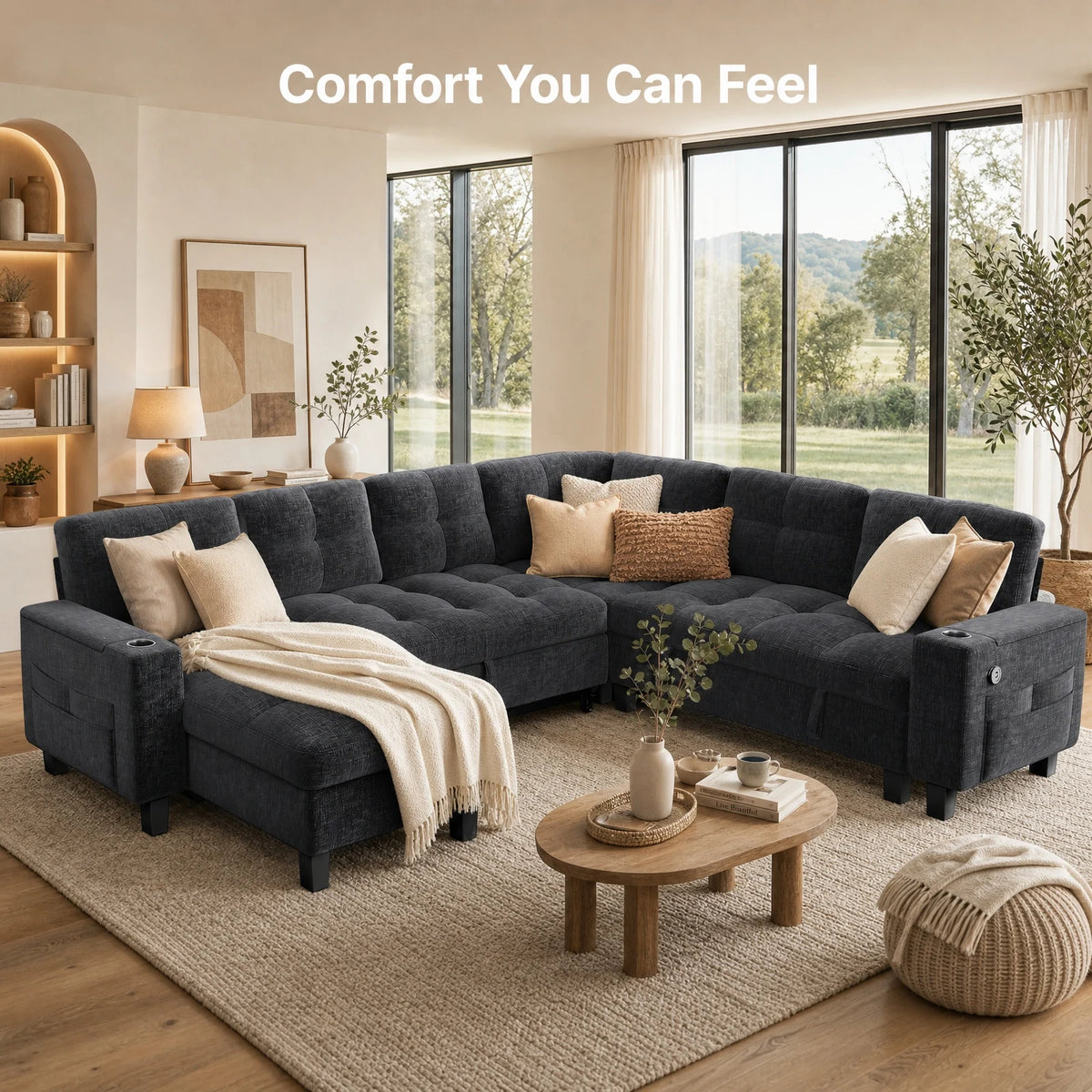 85-110 Inch U-Shaped Modular Sectional Sleeper Sofa, 7-Seat Dark Gray Chenille Cloud Couch, Pull-Out Bed with Hidden Storage, USB Ports & Cup Holders, Multi-Functional Sofa Bed for Living Room Apartment