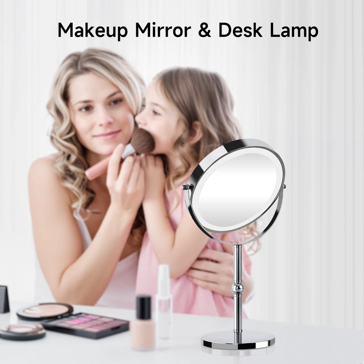 Double Sided LED Lighted Makeup Mirror, Height Adjustable Touch Control Vanity Mirror with Ring Light, 360° Swivel 1X/10X Magnification Cosmetic Mirror for Bathroom Dresser Tabletop
