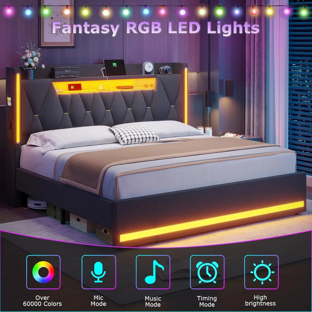 King Size Bed Frame With LED Lights & Charging Station, LED King Bed With Hidden Space And 2-Tier Shelves,, Customized
