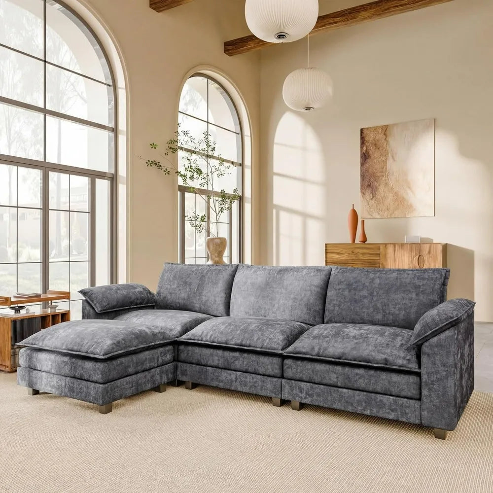 118.9" Modular Sectional Cloud Couch 3-Seat Sofa Set with Movable Ottoman, L Shaped Sofa Couch  (Light Grey-4, L Shaped Sofa)