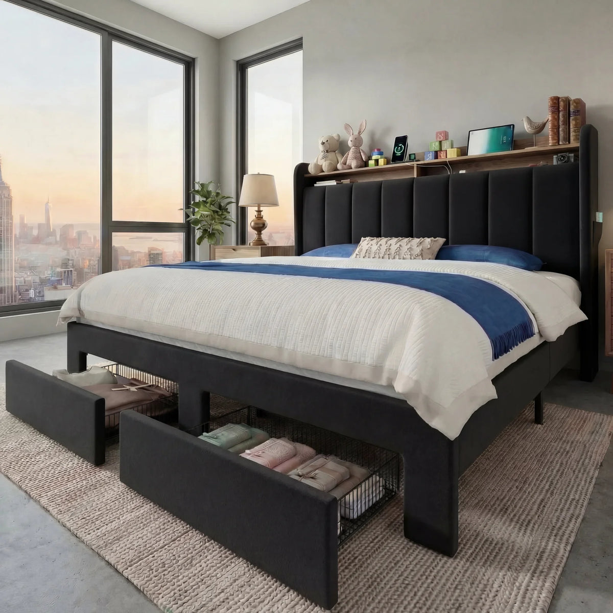 HOOMIC Bed Frame, 2 Storage Drawers/2-Tier Shelves with LED Lights & Charging Station, No Box Spring Needed, Full/Queen/King