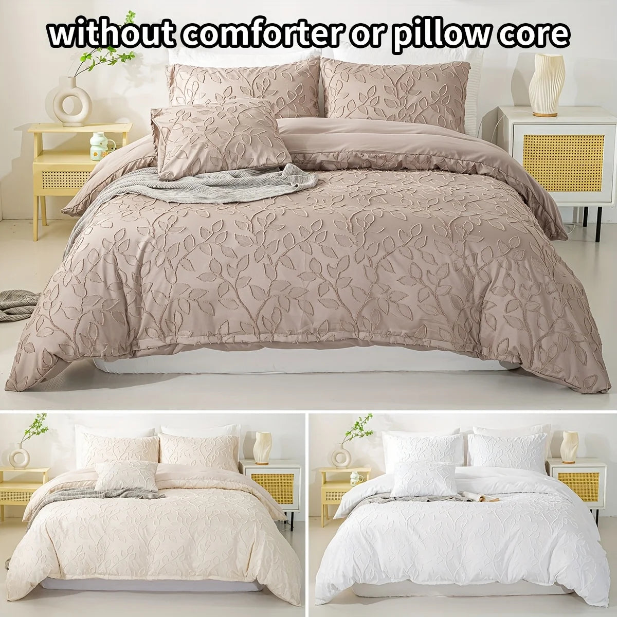 Off-White Leaf Tufted Duvet Cover 3-Piece Set, Soft Cream Bedding Set, Bohemian Style Embossed Floral Bedspread and Pillowcases, Available for Large/King/Single Beds