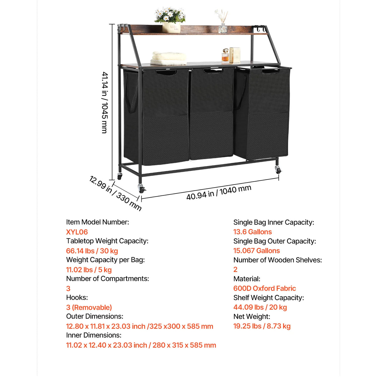 Laundry Sorter Large Laundry Hamper with Metal Frame Freestanding Storage Organizer Baskets for Dirty Clothes, Bathroom