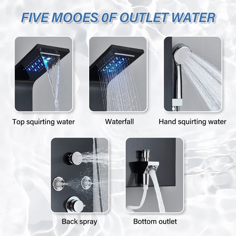 LED Bath Shower Faucet Digital Display Bath Shower Panel Tower Shower Column Waterfall LED Shower Head W Body Masssage SPA Jet