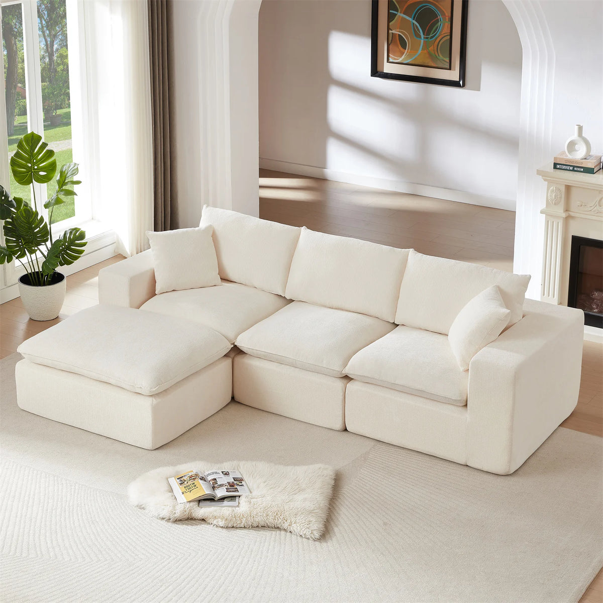 108" L Shaped Sectional Sofa Modular Sofa Couch Deep Seat with Movable Ottoman 4 Seater Chenille Sofa for Living Room,Apartment