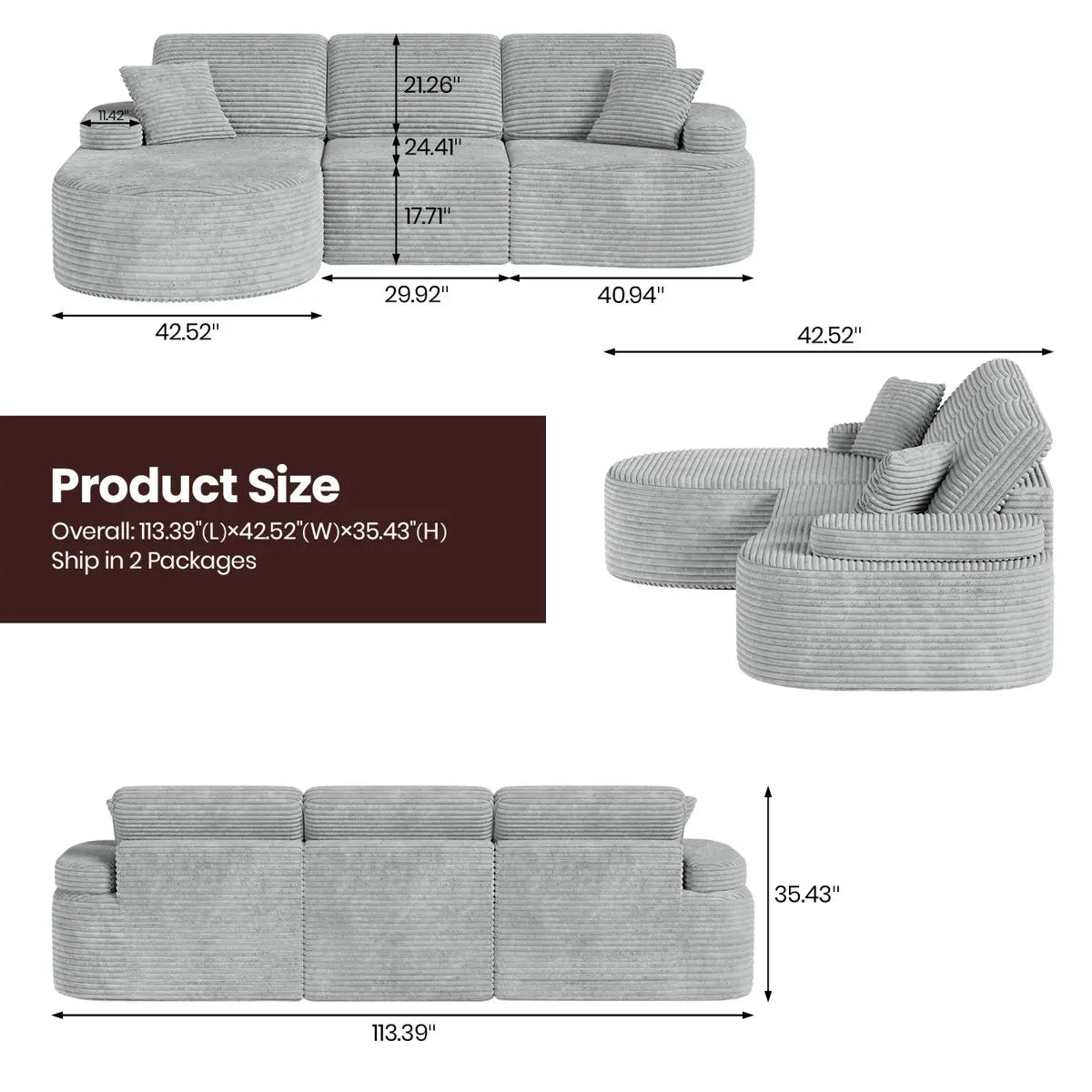 113.4" Modular Sectional Curved Sofa with Chaise, L-Shaped Corduroy Boneless Couch, Deep Seat Corner Couch for Living Room