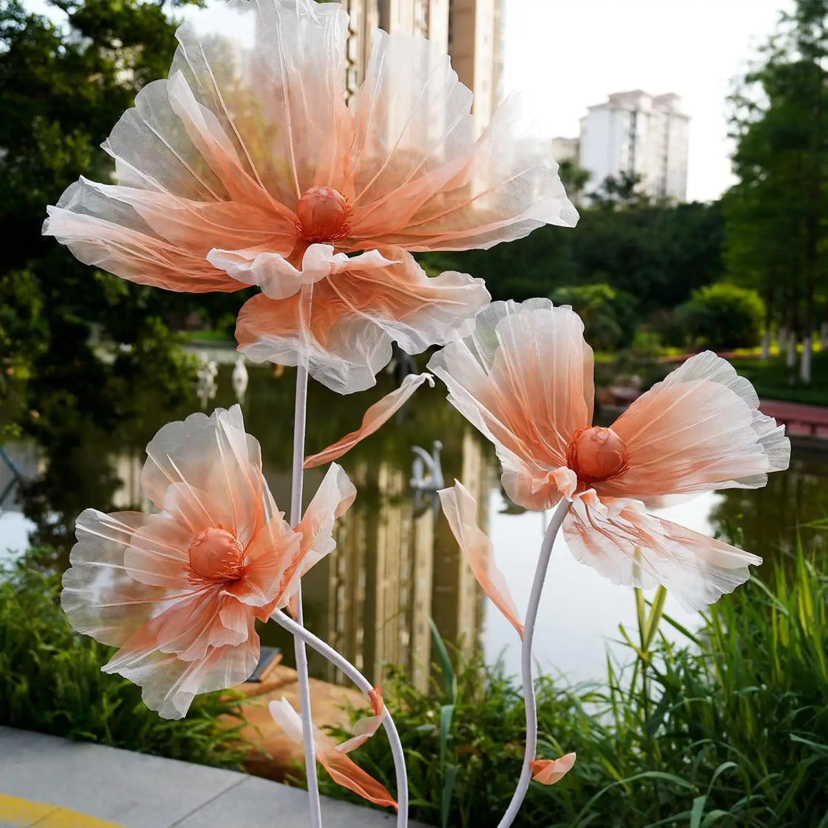 Giant Flowers For Decoration,66.9" Tall Floor Standing Life Size Silk Flower Decor - 3 Large Artificial Flowers With Stand
