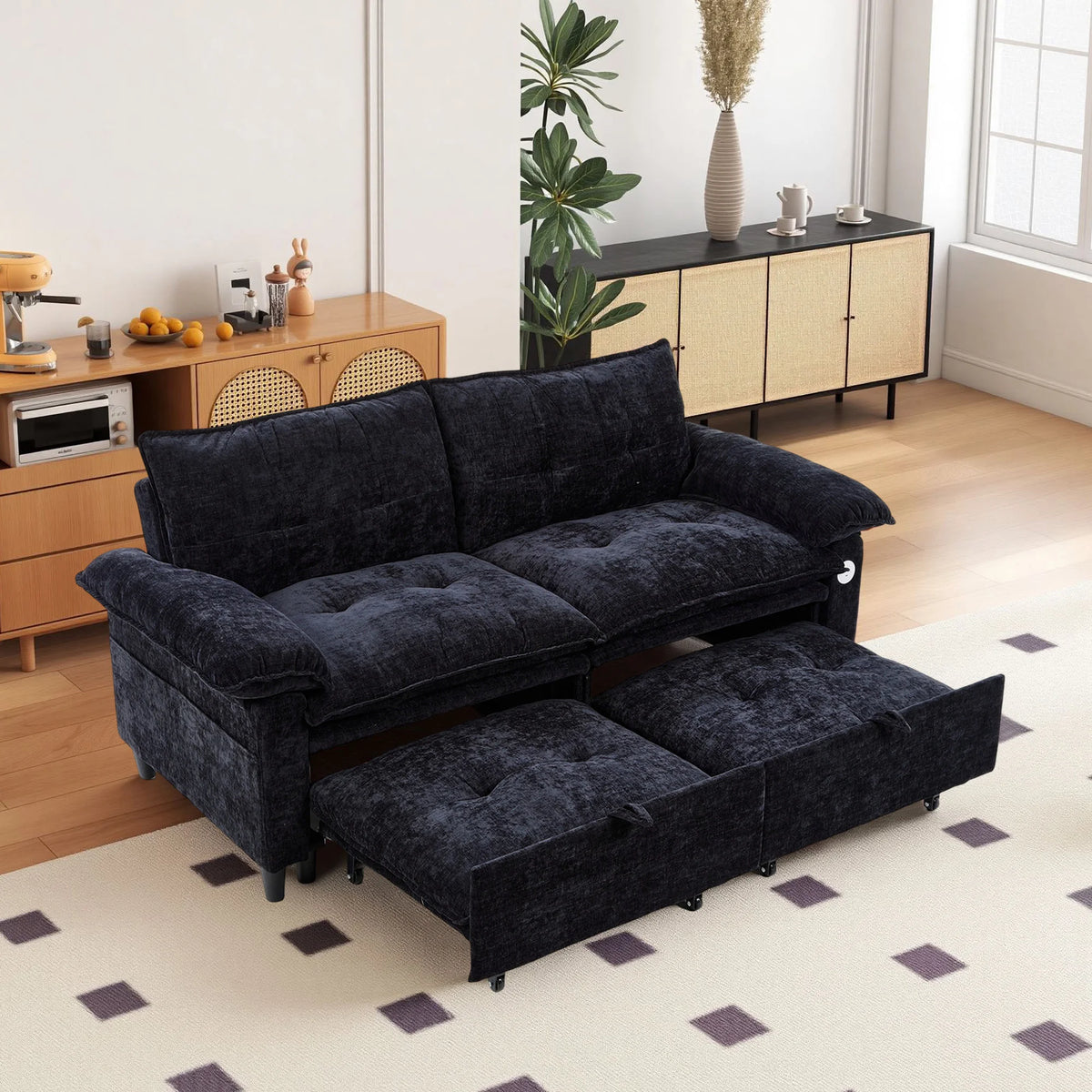 Double-person Convertible Sleeping Lounging Sofa With USB Charging Port 2-in-1 Upholstered Sofa Equipped With Thick  High-density Cushions Suitable for Small-sized Living Rooms Bedrooms Study Rooms Offices