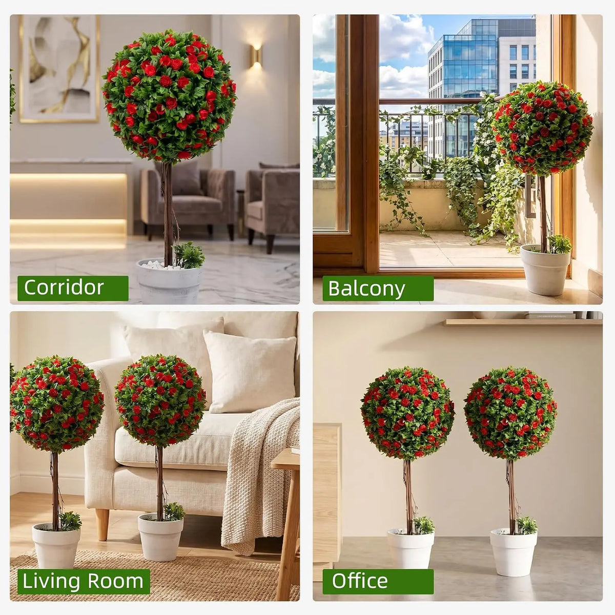 2Pcs 60cm Artificial Rose Topiary Tree, Potted White/Red Flower Ball Tree with Realistic Green Leaves, Faux Ball Shaped Plant in Stable Pot for Indoor Outdoor Garden Patio Home Decor