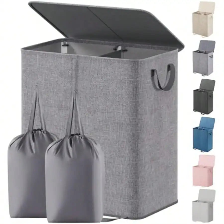 Double Laundry Hamper With Lid And Removable Laundry Bags Large Collapsible 2 Dividers Dirty Clothes Basket With Handles 136L Gray