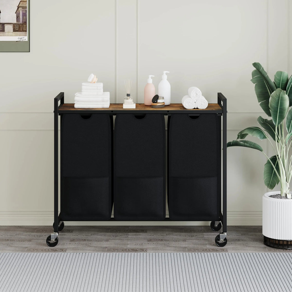 3 Compartment Laundry Sorter Cart with Tabletop, Rolling Laundry Hamper with Wheels, Metal Frame Clothes Sorting Basket for Bathroom Laundry Room