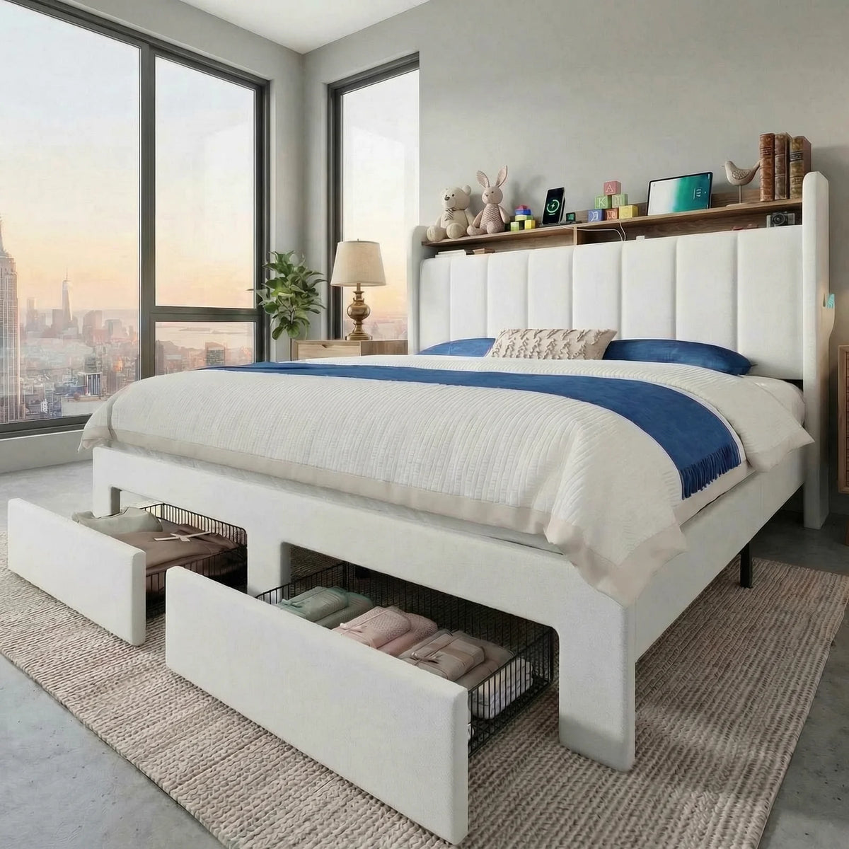 HOOMIC Bed Frame, 2 Storage Drawers/2-Tier Shelves with LED Lights & Charging Station, No Box Spring Needed, Full/Queen/King