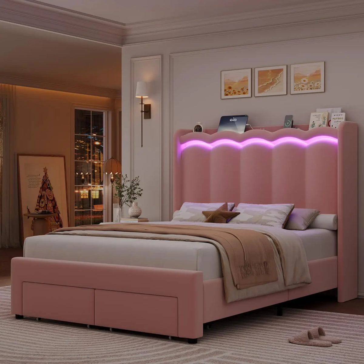 Full LED Bed Frame with USB Charging & 2 Drawers, Velvet Wingback Headboard, No Box Spring, Customized