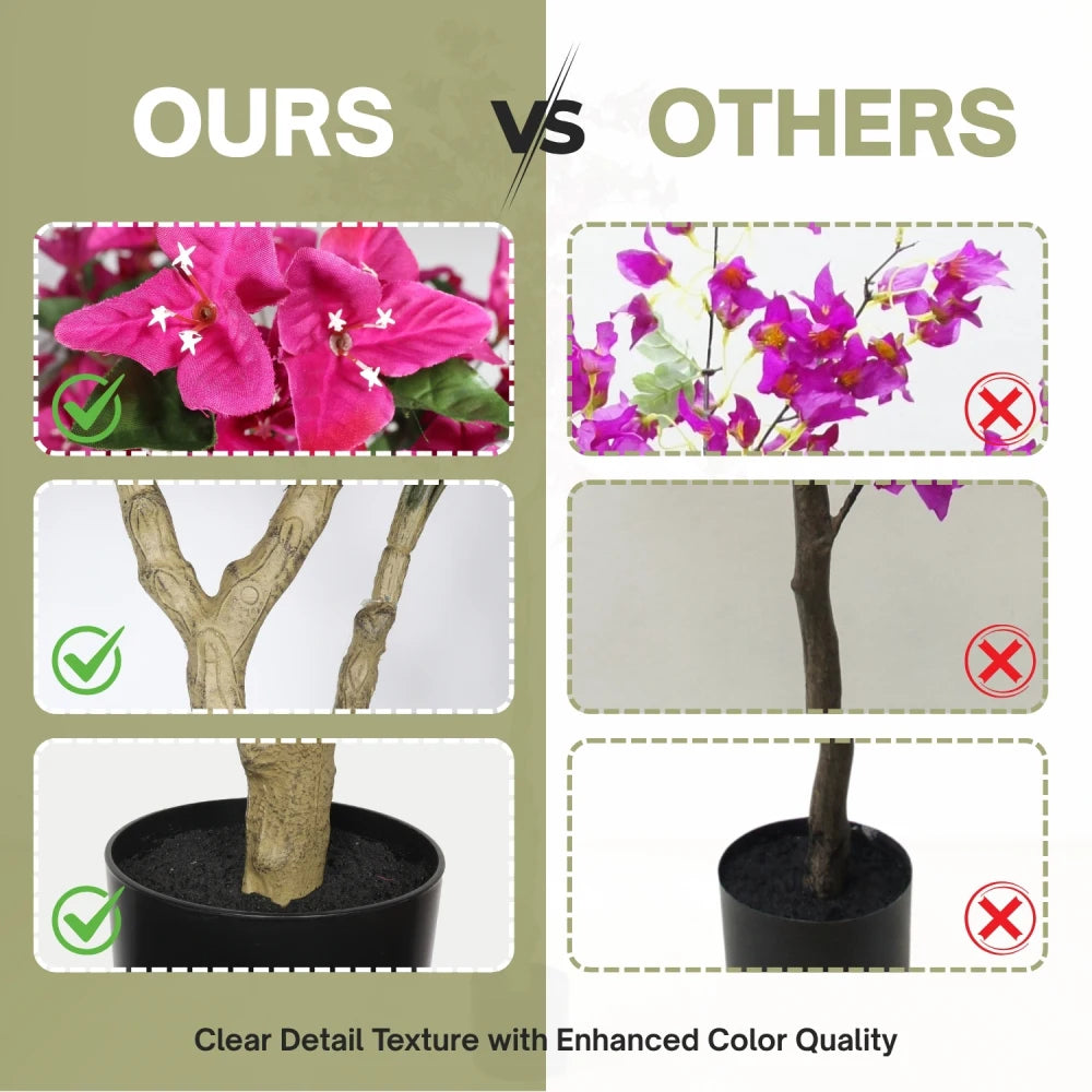 6FT Artificial Bougainvillea Tree with Black Plastic Pot, Realistic Flowering Fake Plant for Indoor Home Decor, Potted Faux Tree, 1pc/set