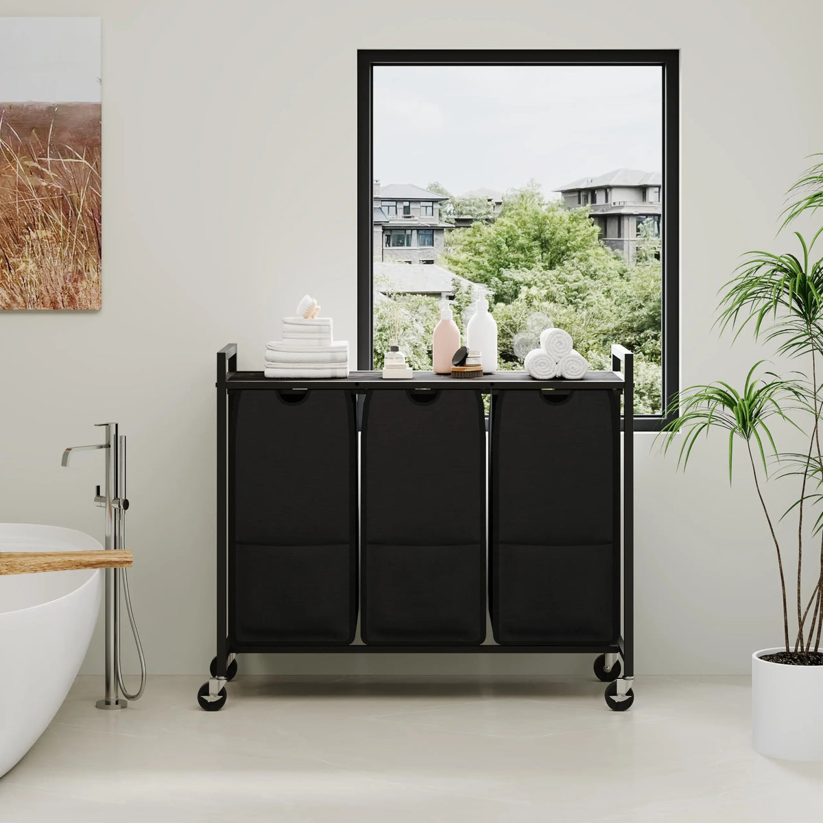 3 Compartment Laundry Sorter Cart with Tabletop, Rolling Laundry Hamper with Wheels, Metal Frame Clothes Sorting Basket for Bathroom Laundry Room