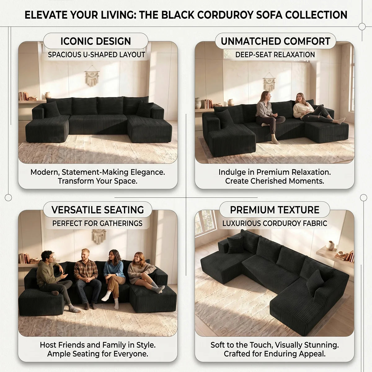 Black Striped Corduroy L Shape Sectional Sofa Double Reversible Chaise Modular Oversized Cloud Couch No Assembly Compressed Packaging Cozy Living Room Home Furniture