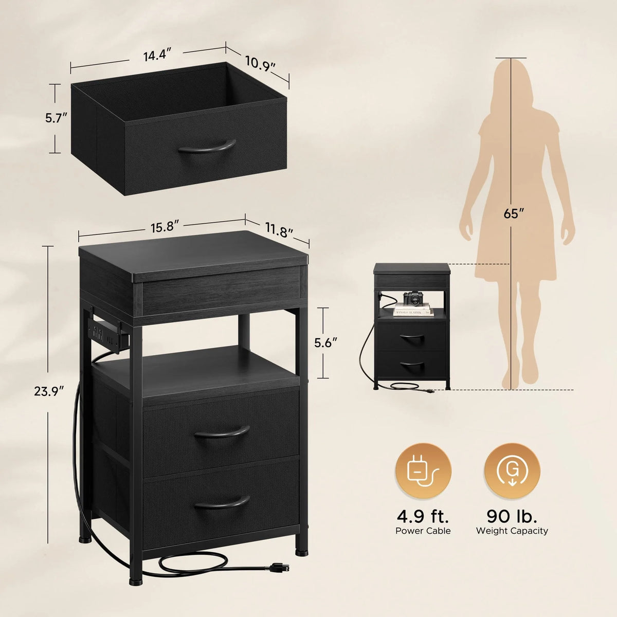 Nightstand, Lockable Hidden Compartment, Sliding Top Charging Station, 2 Fabric Drawers with USB & AC Outlets