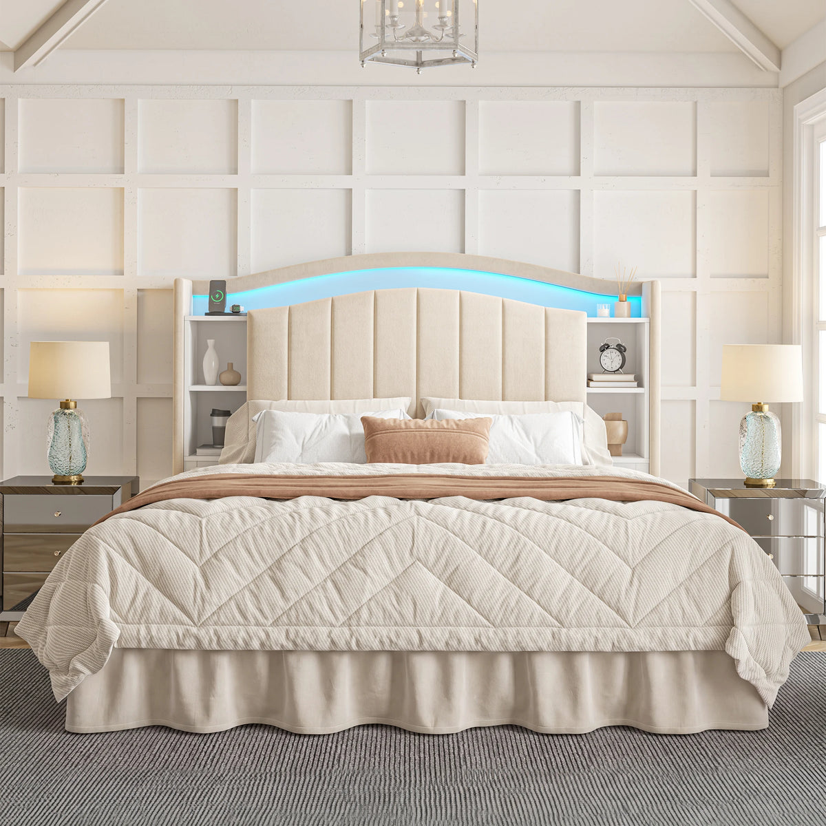 Bed Frame with Bookcase Headboard & Hidden-Cubby Platform Bed Frame with Bed Skirt Design, LED Lights & Charging Station, 14-Inch Under Bed Storage, Noise-Free