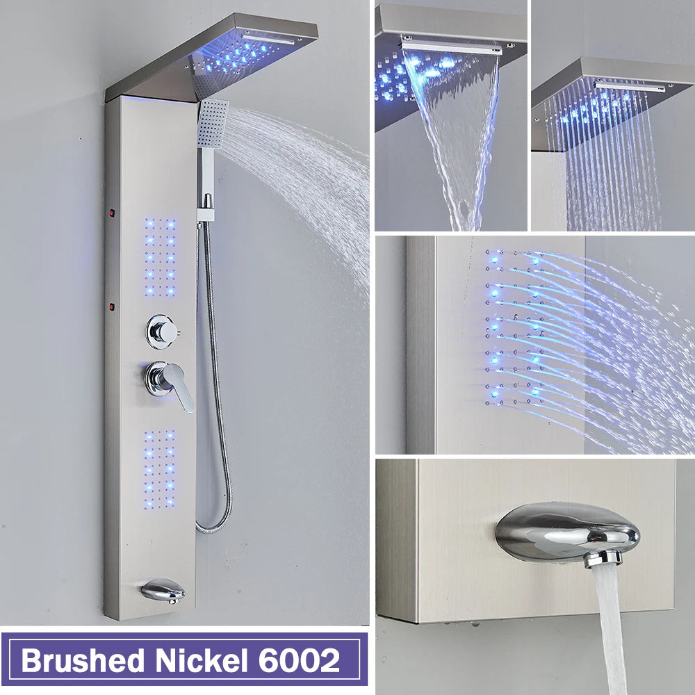 Black Shower Column LED Rainfall Bathroom Faucet with Massage Jet Bath Panel System  5 Modes Waterfall Hot Cold Mixer Tap