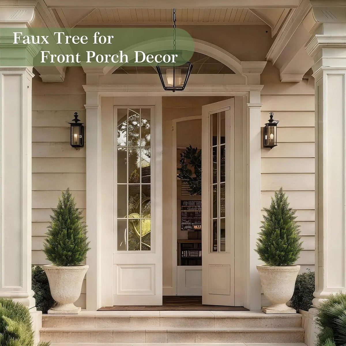 Faux Outdoor Plants Set of 2 with Realistic PE Foliage, UV Resistant Artificial Cedar Trees for Front Porch Patio Entryway Decor