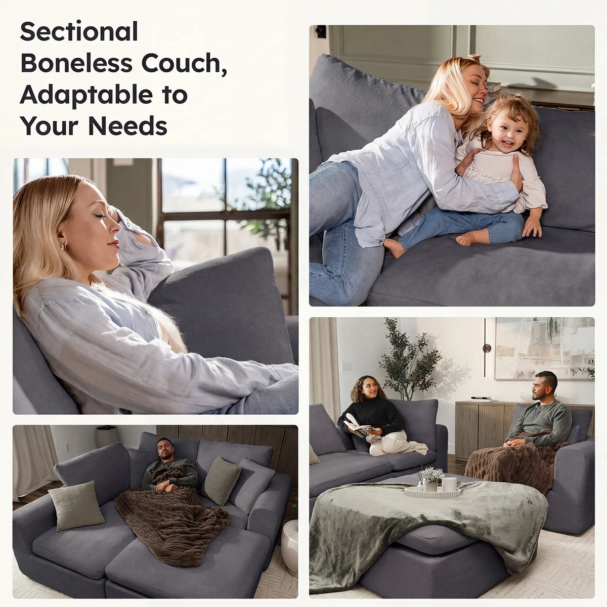 118" Oversized Modular Sectional Sofa, Cloud Couch with L-Shaped Chaise, Upholstered Deep Seat Boneless Sectional with Ottoman