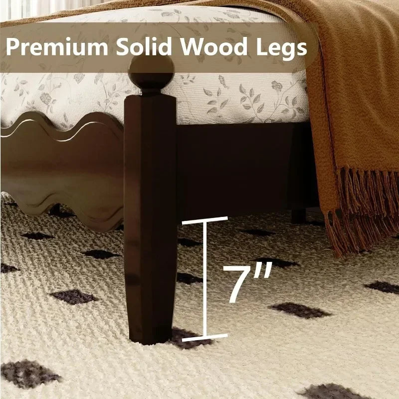 Wood Bed Frame King with Vintage Wave Headboard, 48" Tall Leather Upholstered Bed Frame, Mattress Foundation, No Box Spring Need