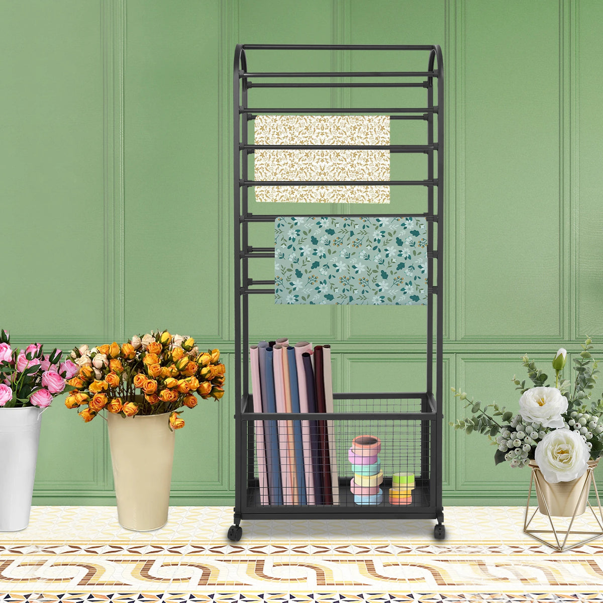 Rolling Ribbon Holder Organizer Rack 15 Rods Iron Ribbon Holder with Storage Basket for Wrapping Paper Ribbons Scarves Clothes 70*30*165cm