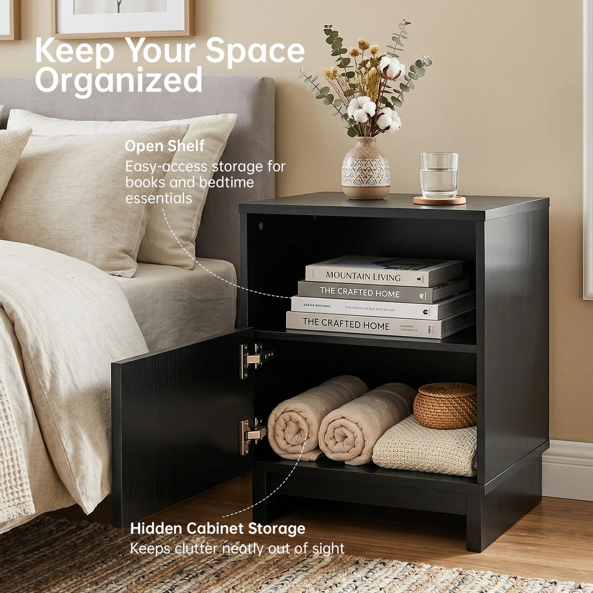 Fluted Nightstand, 17.7 inch Modern Wood Bedside Table With Storage Drawers & Open Shelf, Mid-Century Small Coffee Tea Sofa Side Table, End Table Storage Cabinet For Bedroom, Living Room