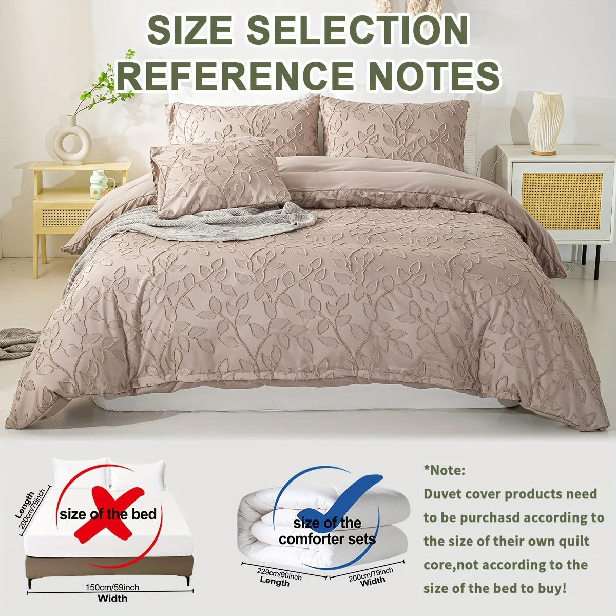 Off-White Leaf Tufted Duvet Cover 3-Piece Set, Soft Cream Bedding Set, Bohemian Style Embossed Floral Bedspread and Pillowcases, Available for Large/King/Single Beds