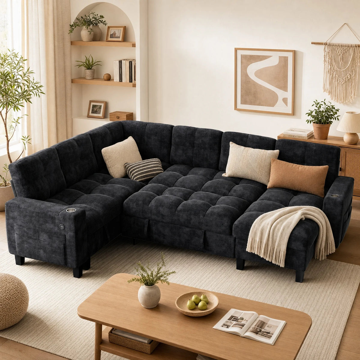 85-110 Inch U-Shaped Modular Sectional Sleeper Sofa, 7-Seat Dark Gray Chenille Cloud Couch, Pull-Out Bed with Hidden Storage, USB Ports & Cup Holders, Multi-Functional Sofa Bed for Living Room Apartment