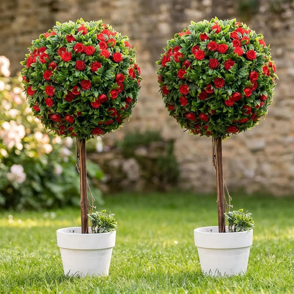 2Pcs 60cm Artificial Rose Topiary Tree, Potted White/Red Flower Ball Tree with Realistic Green Leaves, Faux Ball Shaped Plant in Stable Pot for Indoor Outdoor Garden Patio Home Decor