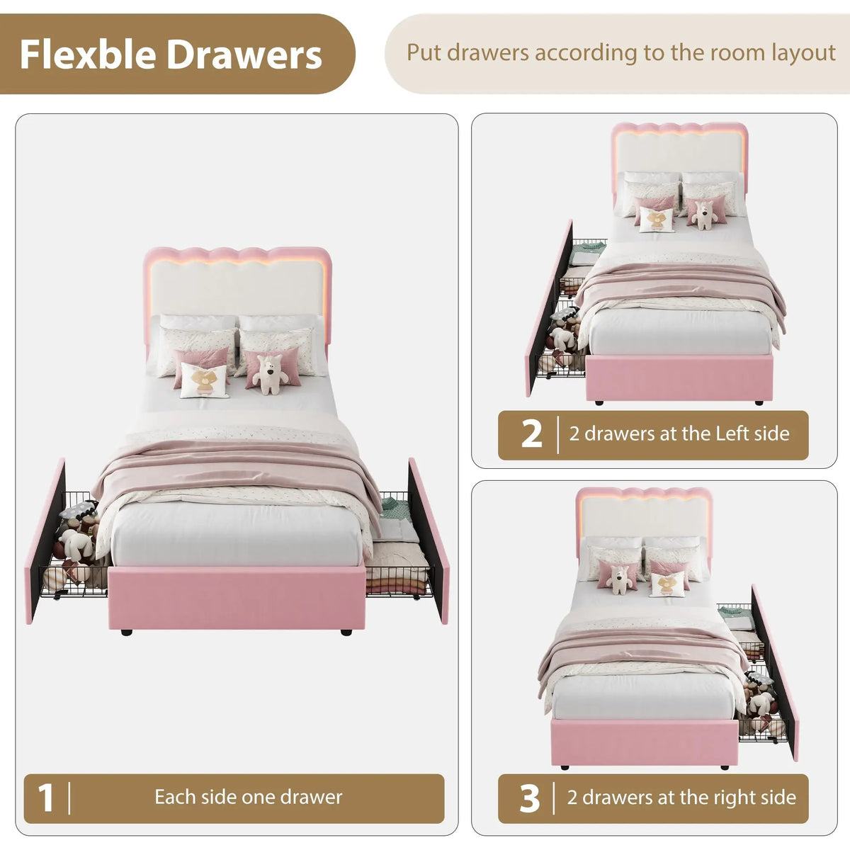 GarveeLife Modern Princess Upholstered Platform Bed Frame with LED Lights – 2 Storage Drawers, Double Wave Velvet Headboard, Sturdy Metal & Wood Support, No Box Spring Needed, Easy Assembly – Ideal for Kids, Teens, Girls