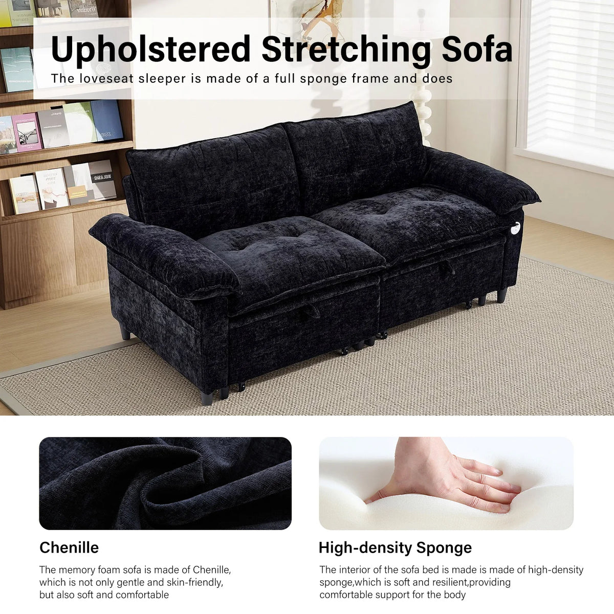 Double-person Convertible Sleeping Lounging Sofa With USB Charging Port 2-in-1 Upholstered Sofa Equipped With Thick  High-density Cushions Suitable for Small-sized Living Rooms Bedrooms Study Rooms Offices